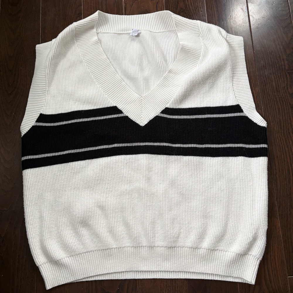 Garage White V-Neck Sweater Vest with Black Stripe